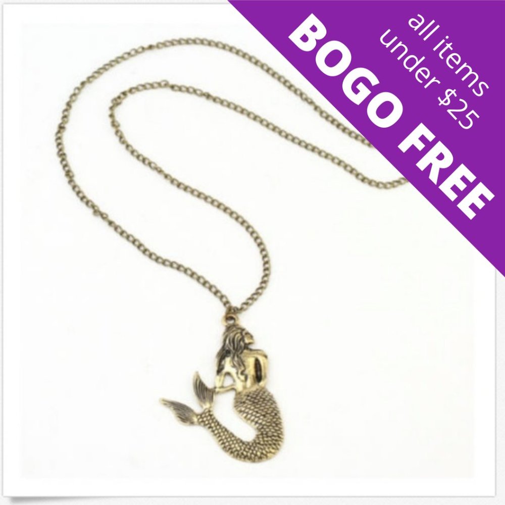 Bronze Mermaid Necklace Long Chain Pendant